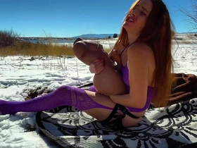 Red-haired trans woman enjoys outdoor riding with sex doll and toy