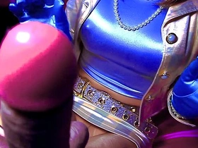 Blue satin gloves add a kinky touch to this big boobs job