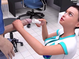Hentai-futanari meets real-life action: Busty nurse sucks and gets covered in cum