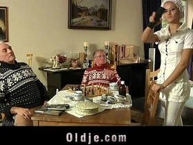Old men and young nurse engage in group DP action