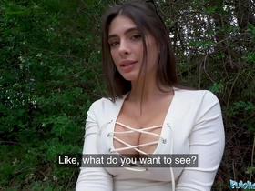 Tru Kait, a brunette agent, pleasures a well-endowed man outdoors in public