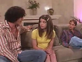 Two men pleasure a young babysitter in a steamy encounter
