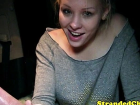 Blonde hitchhiker gives a good oral and handjob