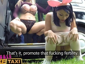 Cute Asian girl gets kinky in a taxi with a big tits MILF for lesbian sex