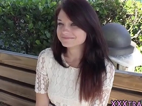 Tiny teen gives a sloppy blowjob and swallows cum