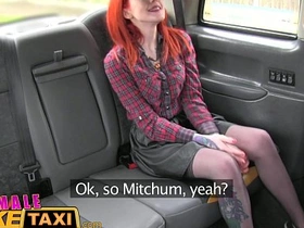 Amateur threesome in a taxi with a busty lesbian and a tattooed redhead