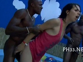 Amateur group with shaved and muscular participants engaging in hardcore oral and hardfuck activities on the dance floor