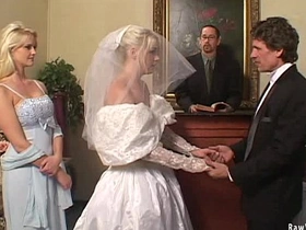 Blonde bride gives two blowjobs in a hardcore threesome
