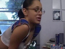 Three guys pleasure a Latina teen with glasses